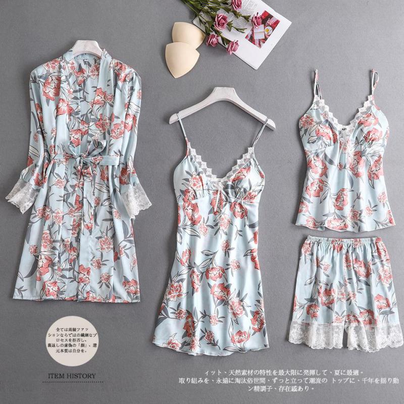 

Women Pajama Suit 4PCS Sleep Set Satin Nightgown Printed Kimono Bathrobe Gown Intimate Lingerie Sexy Pyjamas Home Clothes