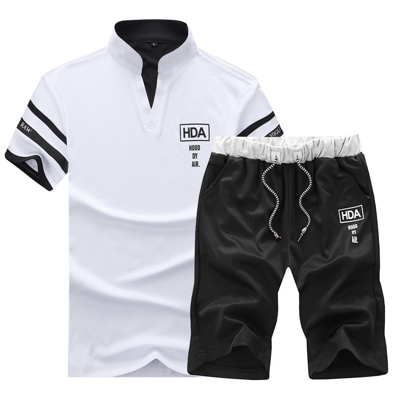 

Men Sweat Suits Brand Clothing Casual Suit Men Summer Sets Tracksuits Stand Collars Streetwar Tops Tees +Shorts Fashion Mens Set S-4XL