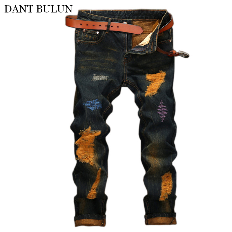 

Fashion Men Jeans Ripped Hole Trousers Patchwork Designer Printed Jeans Men Punk Pants Slim Fit Hip Hop Ripped Hombre Male, Black