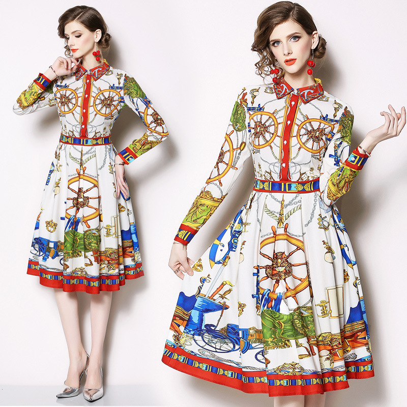 2020 nouvelle mode Robes de soirée à manches longues Imprimer Robe Femme Robe plissée Robes longues pour femmes Robe élégante