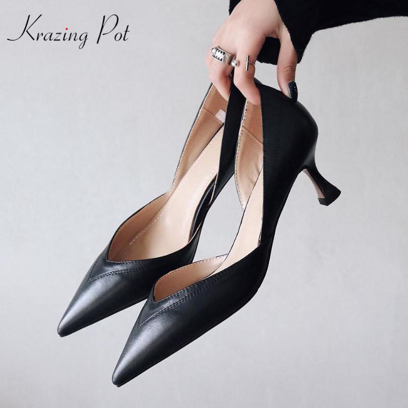 

Krazing pot cow leather pointed toe thin high heels slip on classic women pumps high quality simple style office lady shoes L55, Beige