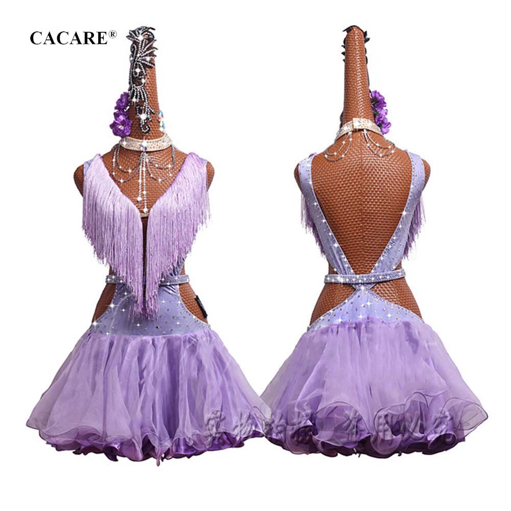 Latin Dance Dress Women Latina Fringed Dress Salsa Latin Dance Competition Dresses CHEAP D0499 Multi-Layers Light Purple Fluffy Hem-image-529447461