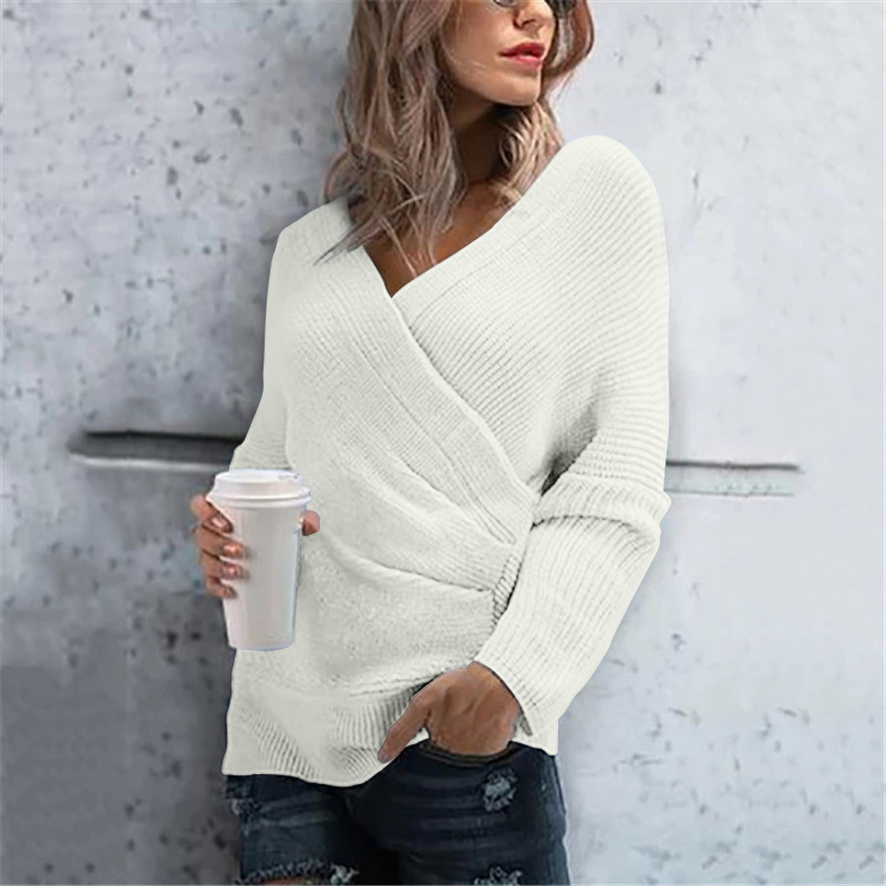

Women Cross V-Neck Knitted Sweater Lady Long Sleeve Knitwear Jumper Tops Blouse, Black