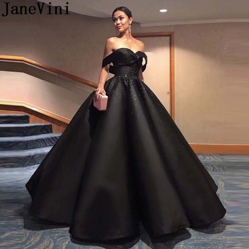

JaneVini Sexy Black Long Evening Dresses Ball Gown Off Shoulder Satin Ruched Shiny Heavy Beading Floor Length Arabic Dinner Gown