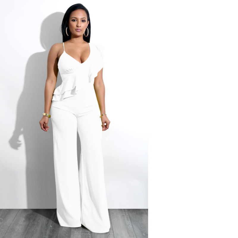 

2020 One Shoulder Ruffles Jumpsuits For Women Fashion V Neck Long Wide Leg Pants Elegant Overalls Combinaison Femme Ez*, Black