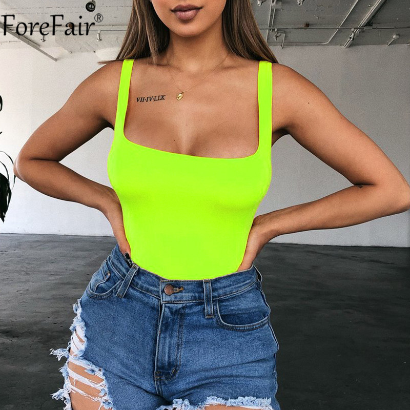 

Forefair Neon Sexy Bodysuit Women Summer Square Collar Tank Bodysuit Tops Plus Size Backless, Black