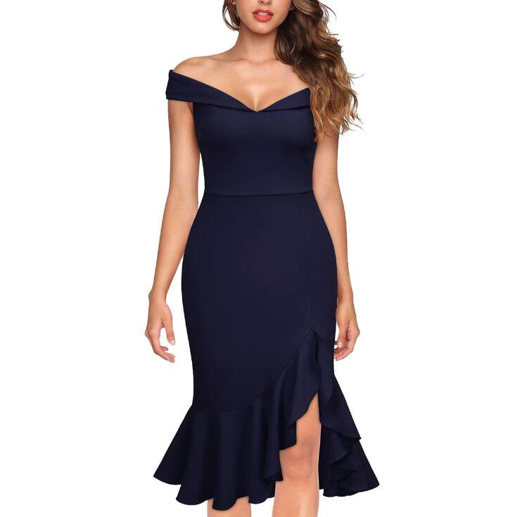 

Casual Dresses Backless Sexy Evening Party Dress Women Off Shoulder Summer Female Elegant Slash Neck Ruffle Irregular Vestidos, Purplish blue