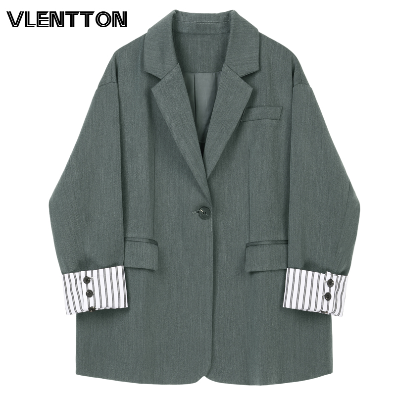 

High Quality Vintage Gray Striped Roll Sleeve Blazers Women Chic Button Loose Korean Jacket Coat Female Tops Office Blazer Mujer