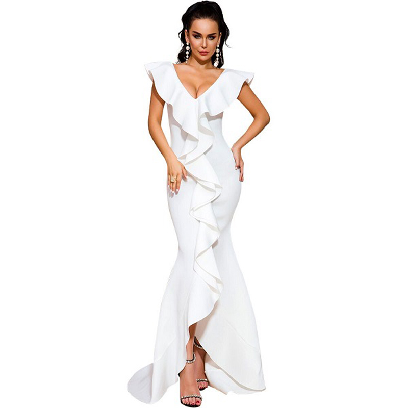 

Elegant Red White Dress Sexy Ruffles Design V Neck Maxi Dress Women Celebrity Fashion Party Vestidos Wholesale 2019