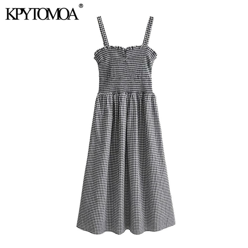 

KPYTOMOA Women 2020 Sweet Fashion Plaid Smocked Midi Dress Vintage Backless Ruffled Straps Female Dresses Chic Vestidos Mujer, As picture
