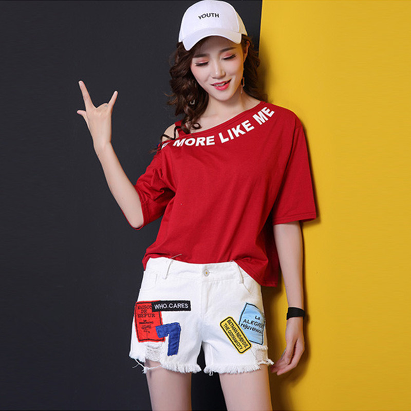 

Letter print denim hotpants summer shorts women new oversized loose streetwear patchwork booty shorts femme pocket ladies, Black