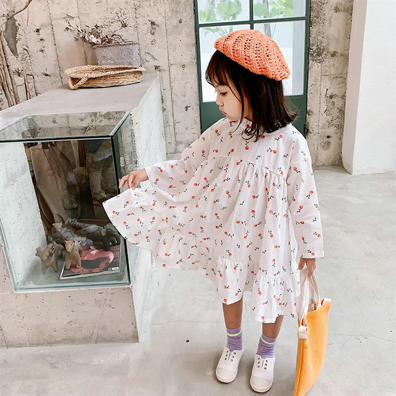 

WLG Girls Beautiful Dress Kids Long Sleeve White Yellow Cherry Printed Ruffle Dresses Spring Summer Baby Girl Clothes 2-6 Years