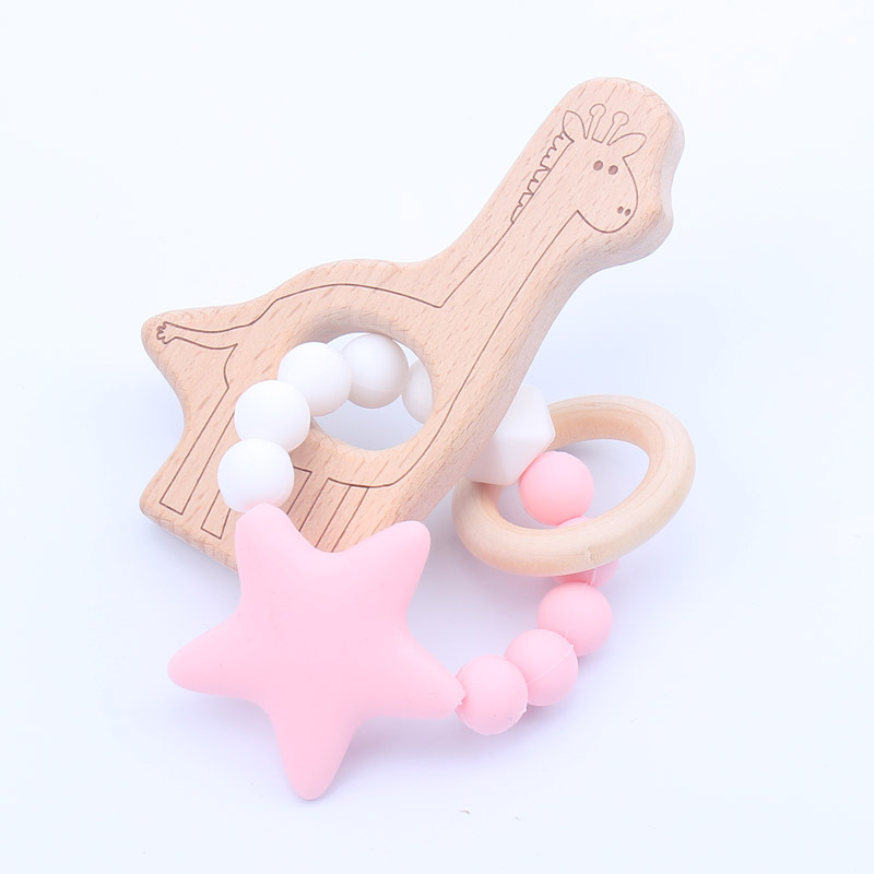 Natural Wooden Teethers Ring with Silicon Star Baby Health Care Accessories Infant Hand Grab Exercise Toys Colorful Wood Bead Soother-image-437596771