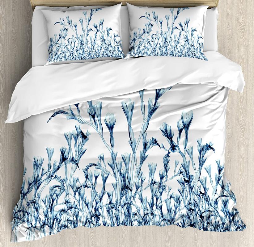 

Flower Duvet Cover Set Various Sized Flowers in Nature Bottom to Top X-ray Image Creative Artful Design Bedding Set Teal White, As pic