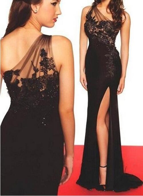 

2019 Elegant Black Mermaid Prom Dresses Long One Shoulder Lace Beaded with High Split Formal Party Dress Evening Gowns Robe De Soiree M781, Same as image