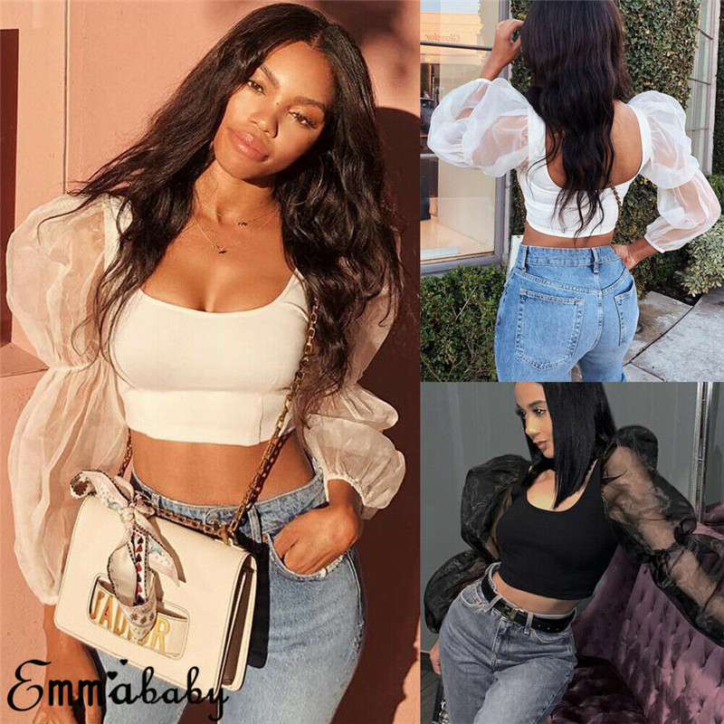 

Summer Retro Women Ladies Mesh Sleeve Crop Tops Summer arrival Puff Sleeve Low-cut Skinny Blouses Women Pullover Shirts, Yellow