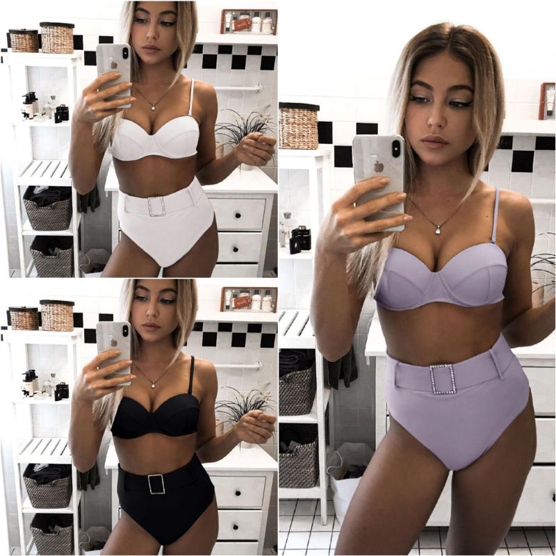 

Sexy Push Up Bikini Set High Waist Swimsuit With Belt Spaghetti Strap Underwire Bikini Swimwear Bathing Suit