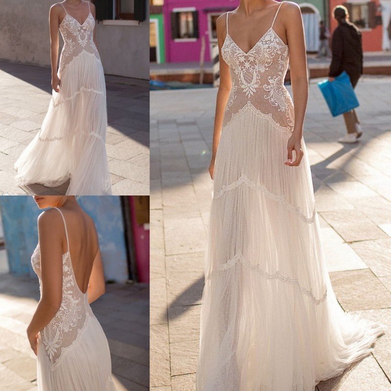 

Gali Karten Bohemian Wedding Dresses A Line Backless Sweep Train Lace Appliques Beach Wedding Dress Custom Made Pearl Boho Bridal Gowns, Same as image
