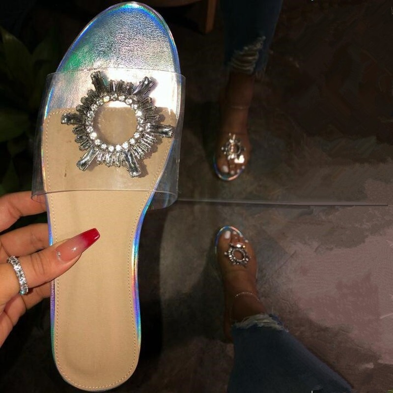 

Indoor Home Bright Flip Flop Ms Spring/summer New 2020 Women Bright Diamond Non-slip PVC Sandals Flat Outdoor Banquet Slippers88, Silver