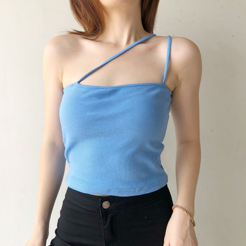 

Women Asymmetric Straps Camis Top Ribbed Cami, Black