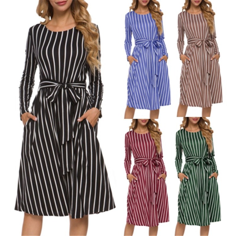

New 2019 Autumn Printed Stripe Women Dress Pocket Long Sleeve Dress Women Fashion Round Collar Beach Dresses, Blue