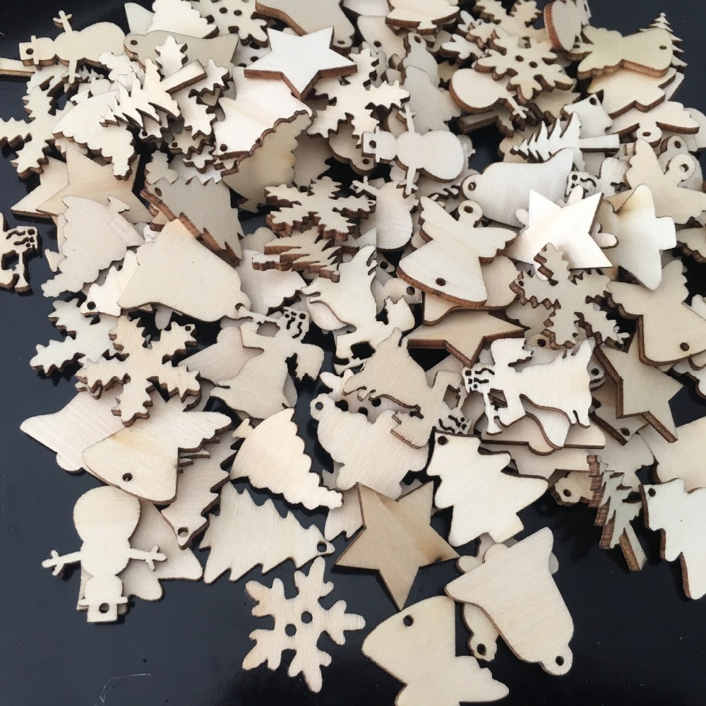 

50Pcs/Lot Natural Wood Ornaments Pendant Reindeer Tree Snowflakes Bell Santa Snowman Christmas Home Wedding Decorations 62081