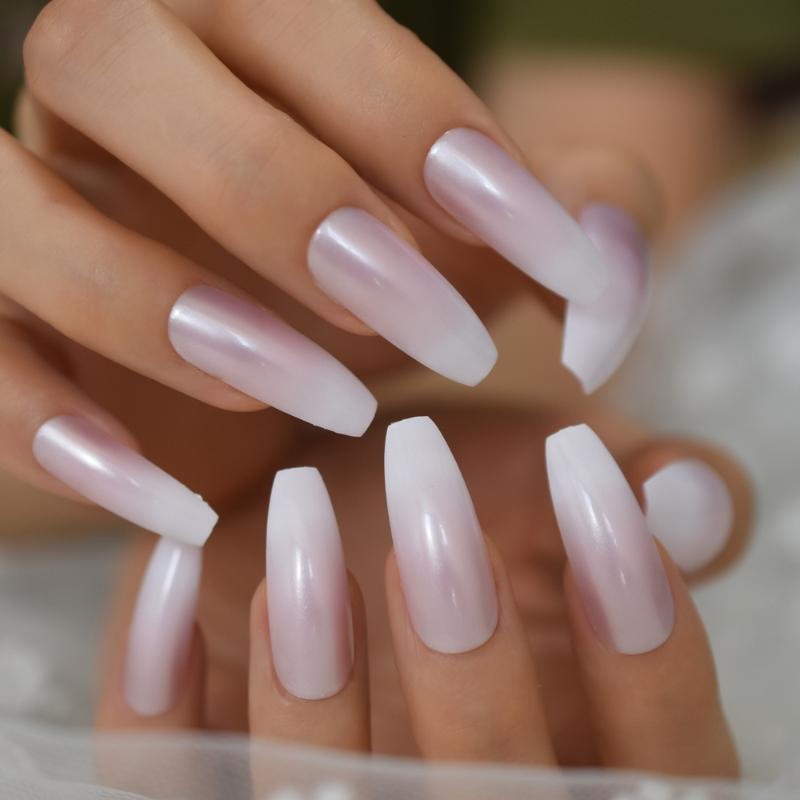 

Glossy Pearl Pink Gradient French Coffin Fake Nails Extra Long Ballerina Artificial False Salon Party Nail Tips Faux Ongle, L5634