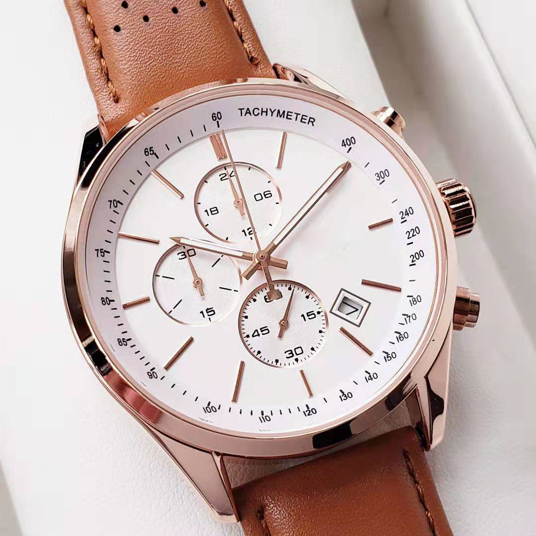 

Luxury High Quality Watches for Men 44mm All Pointer Work Chronograph Quartz Watch Leather Boss Business Waterproof Designer Watch, Gold white