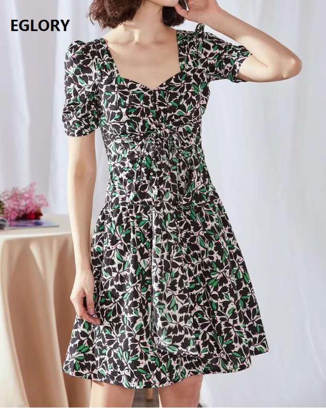 

100%Cotton Dress 2020 Summer Style Women Sexy Square Collar Green Color Block Flower Print Short Sleeve Large Swing Bow Dress XL, As pic
