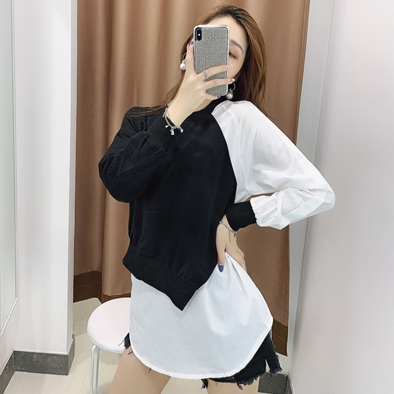 

Women Colorblock Fake Two-piece Sweatshirt Japanese Stitching Pullover Irregular Crew Collar Long Sleeve Loose Blouse Tops, Black