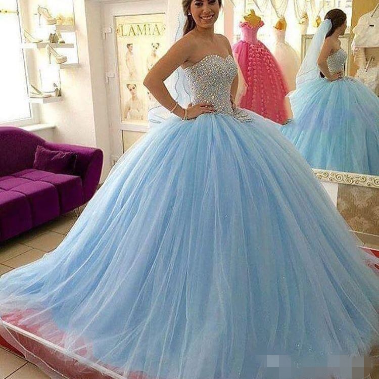 

Sky Blue Beaded Quinceanera Dresses Tulle Sweetheart Neckline Sequins 2020 Sparkly Sweet 16 Birthday Party Prom Ball Gown Custom Mde, Same as picture