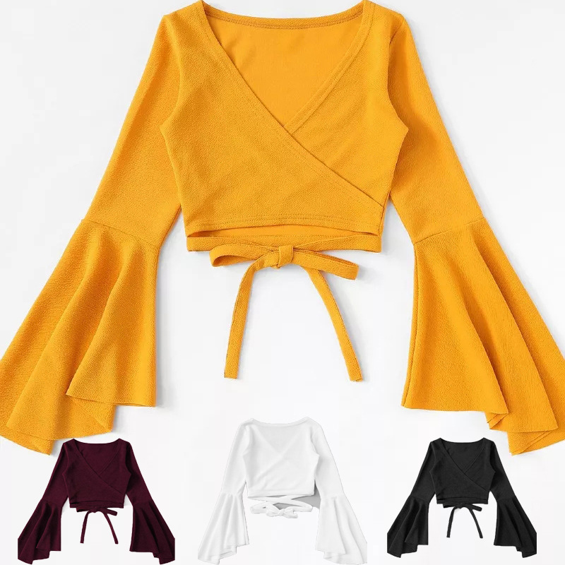 

White top Yellow Crop Top T Shirt tank women tshirt femm Bandage ropa Long Sleeve Sexy Casual Camiseta Mujer Tee black crop