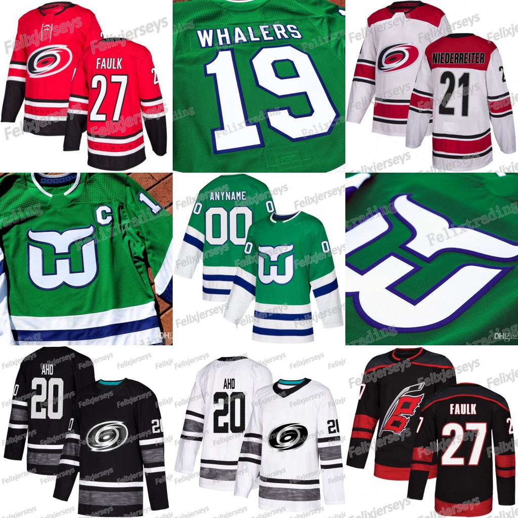 

Hartford Whalers Carolina Hurricanes Sebastian Aho Whalers Night Justin Faulk Curtis McElhinney Andrei Svechnikov Nino Niederreiter Jersey, Black;red