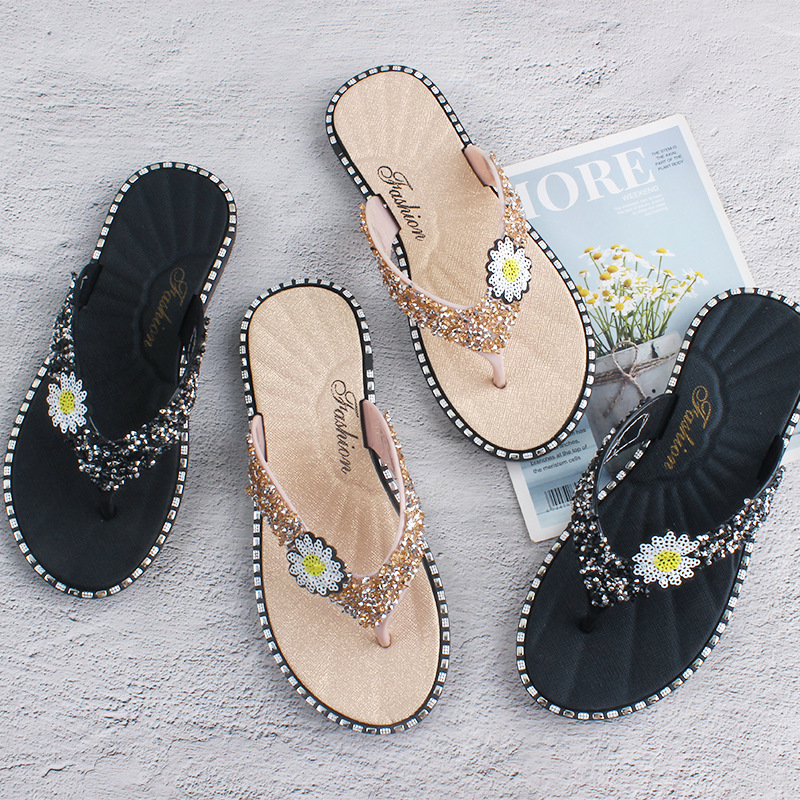

Flip Flops For Women Female Breatheable Crystal Shoes Summer Bling Floral Beach Sandals Platform Thongs Slippers Flat with, Black