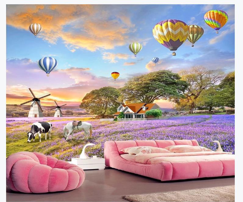 

Custom Photo Wall Murals Living Room pastoral style Lavender Wallpaper For Kids Room parachute Bedroom Murals Wallpaper 3D, As the photo