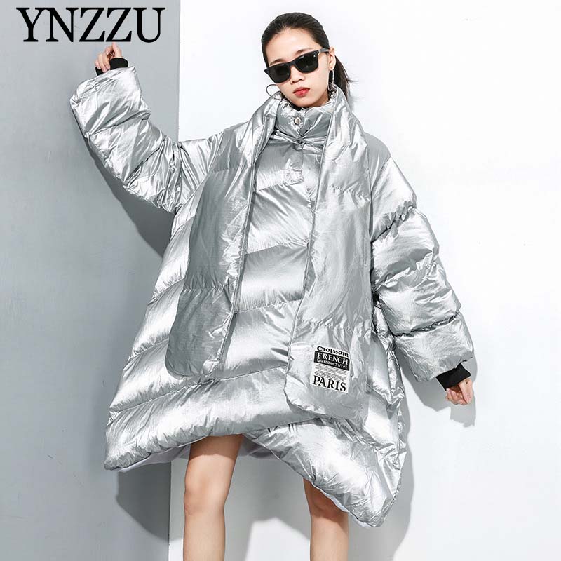 

Irregular Women Sliver Warm Jacket With scarf Fashion Thick Long Cotton Padded Girls Coat Oversized Casual Outwear YNZZU 9O135, Black