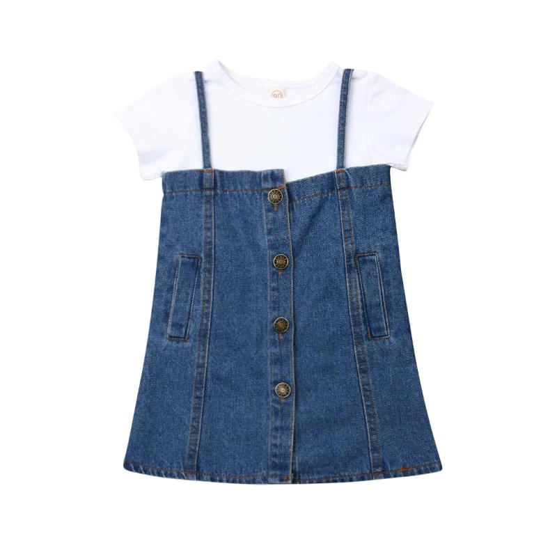 

1-4Years Toddler Kid Baby Girl Skirts Outfit 2 PCS Cotton Shirt Denim Strap Dress 25 orders, As pic