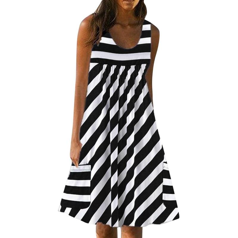 

Women' Fashion Striped Print Pocket Splicing Dress, Black