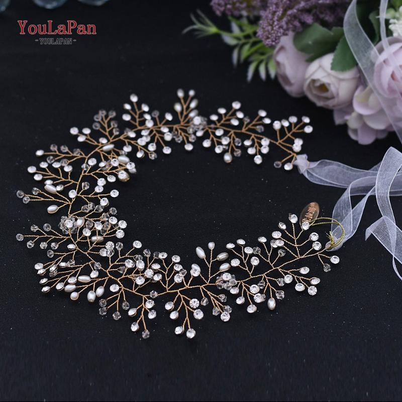 

YouLaPan Golden Rhinestone Bridal Headband with Ribbon Crystal Hair Vine Wedding Hair Jewelry Floral Wedding Piece HP10-G