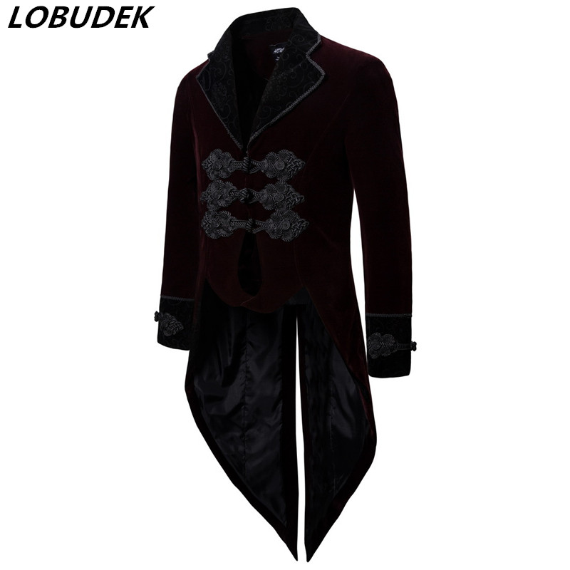 

British Style Court Swallowtail Cosplay Costume Vintage Steampunk Embroidery Velvet Tailcoat Mid-length Coat Singer Host Tuxedo, As pic
