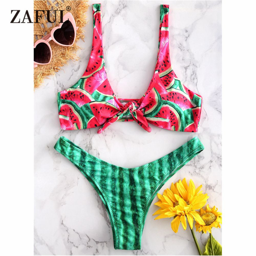 

Zaful Watermelon Knotted Bikini Swimwear Women Swimsuit Sexy Low Waist Plunge Thong Bikini Bathing Suit Padded Swimwear Biquni Y19072501, Multi