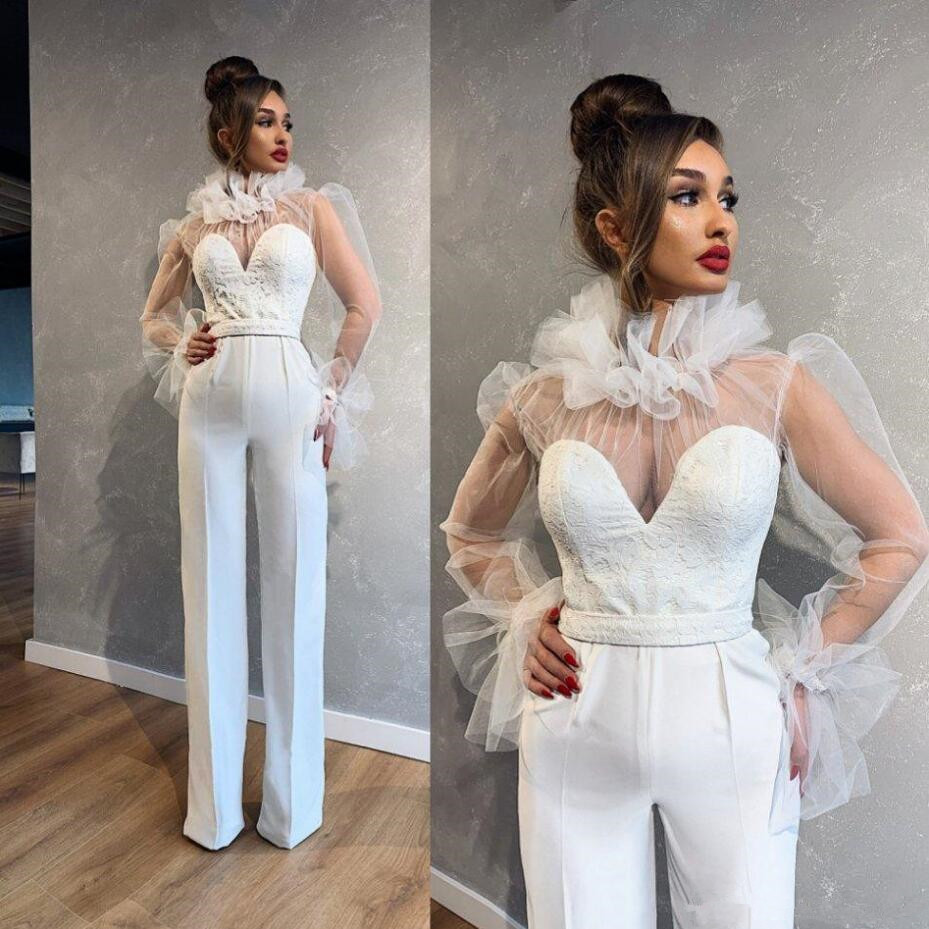 

Illusion Long Sleeve Prom Jumpsuit with Belt Arabic High Neck Ruffles Lace Stain Women Occasion Evening Dress with Pant Suit, Orange