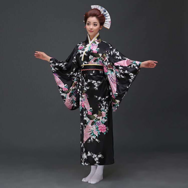 

Black Vintage Japanese Ladies Kimono Bath Gown Women's Faux Silk Yukata With Obi Performance Dance Dress Cosplay Clothing
