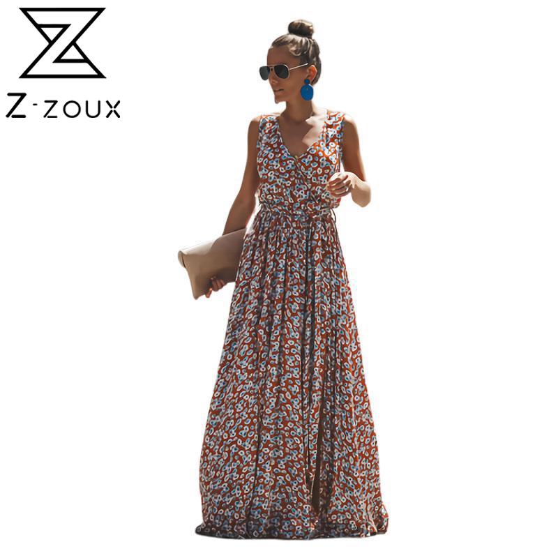 

Z-ZOUX Women Dress Long Chiffon Floral Dress Women Flower Maxi Summer Boho Beach Long V Neck Sleeveless Split High Waist, As picture