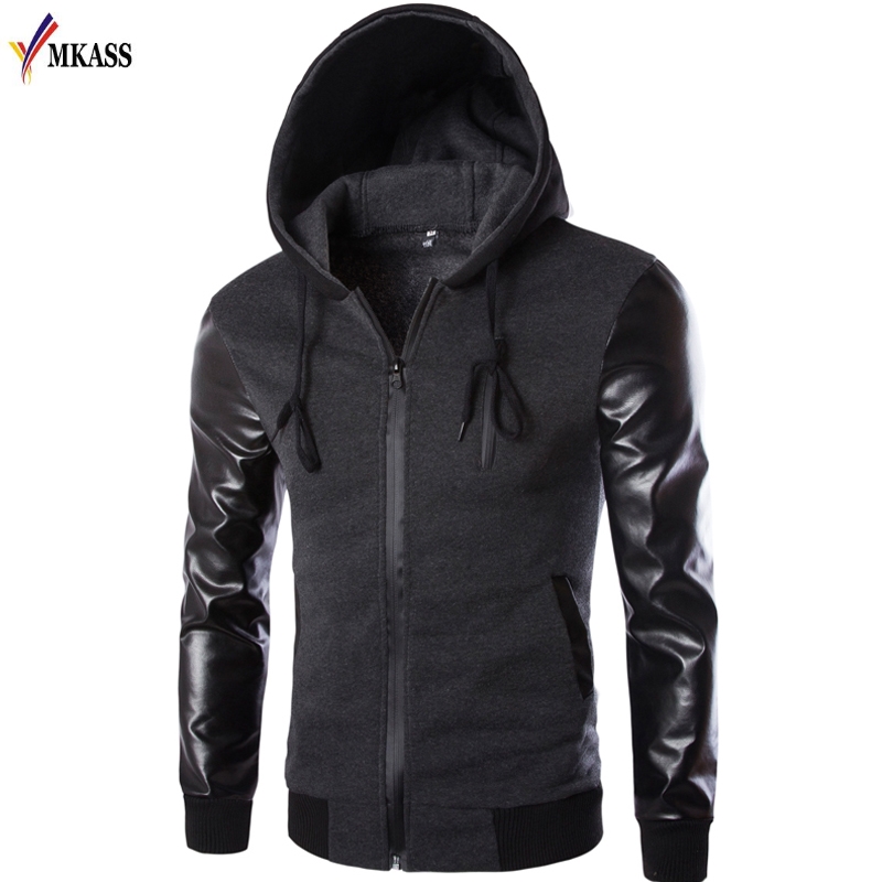 

2017 Cool Hooded Jacket Spring Fashion Pu Leather Sleeve Splice Bomber Jacket Casual Windbreaker Blouson Veste Sweat Homme, Black