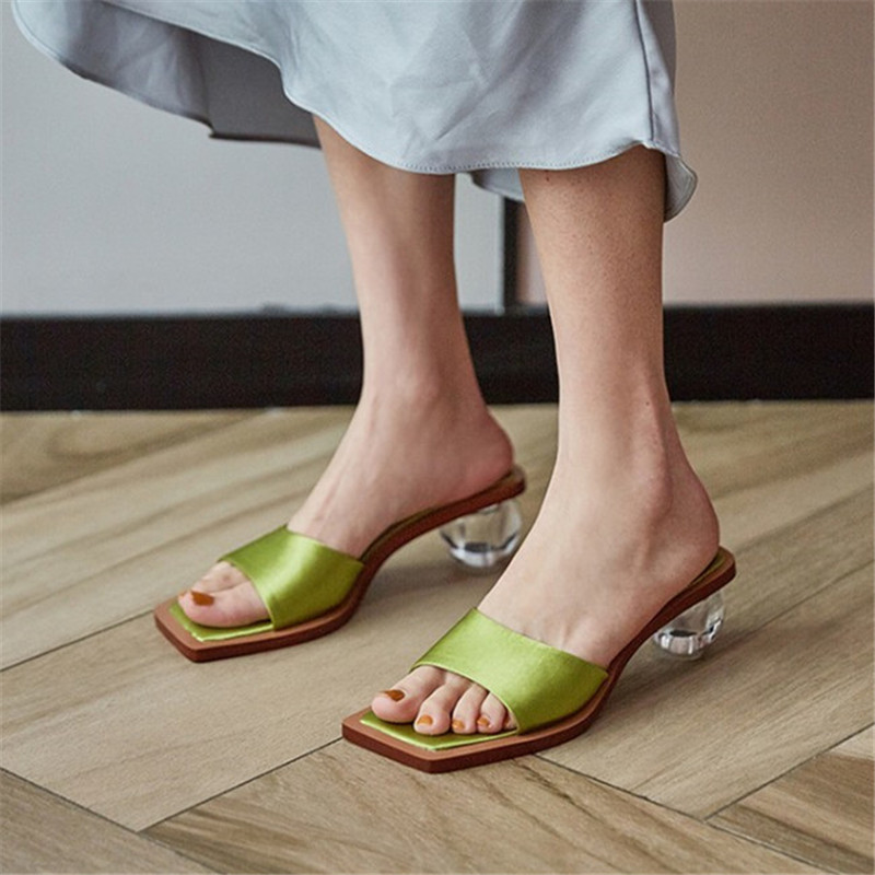 

PXELENA Lady Crystal Transparent Med Heels Slides Women Silk Summer Slippers 2020 Women Flip Flops Outdoor Date Party, Blue
