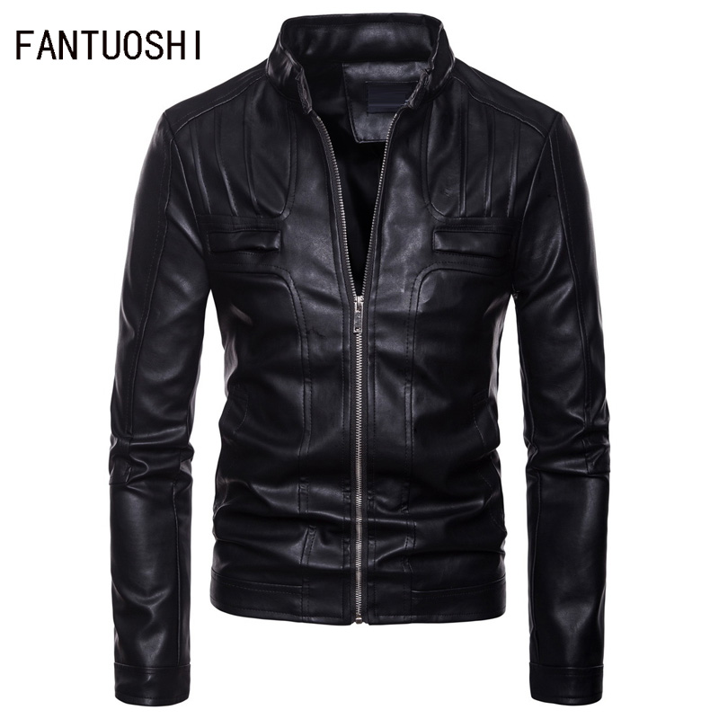

2018 Brand Leather Jacket Men Fashion stand collar Autumn And Winter PU Leather Coats Male Casual Slim Fit Jacket Tops, Black