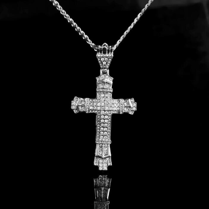 

New Retro Silver Cross Charm Pendant Full Ice Out CZ Simulated Diamonds Catholic Crucifix Pendant Necklace With Long Cuban Chain GB 1491