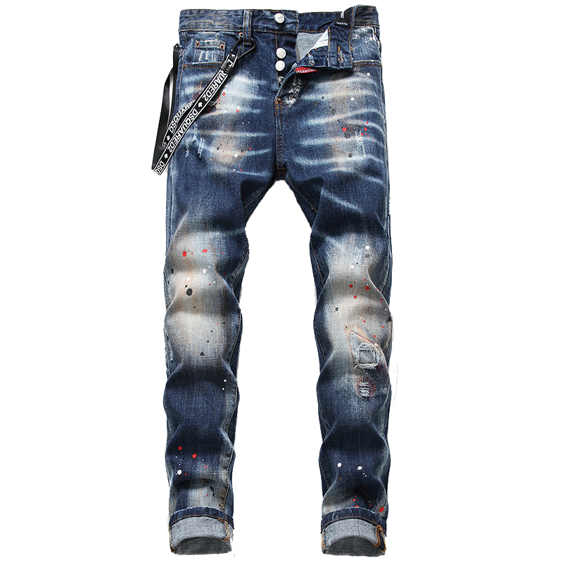 

Men's Fashion Vintage Hole Ripped Biker Jeans Male Casual Slim Patch High Quality Denim Pants Paint Splatter Retro Blue Beggar Pants, 1048