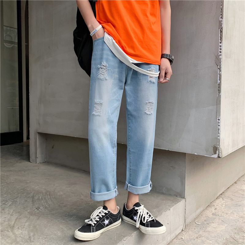 

2020 new fashion men' jeans brand hip hop autumn torn men' solid polyester straight tube loose vintage washed jeans streetwear, Blue